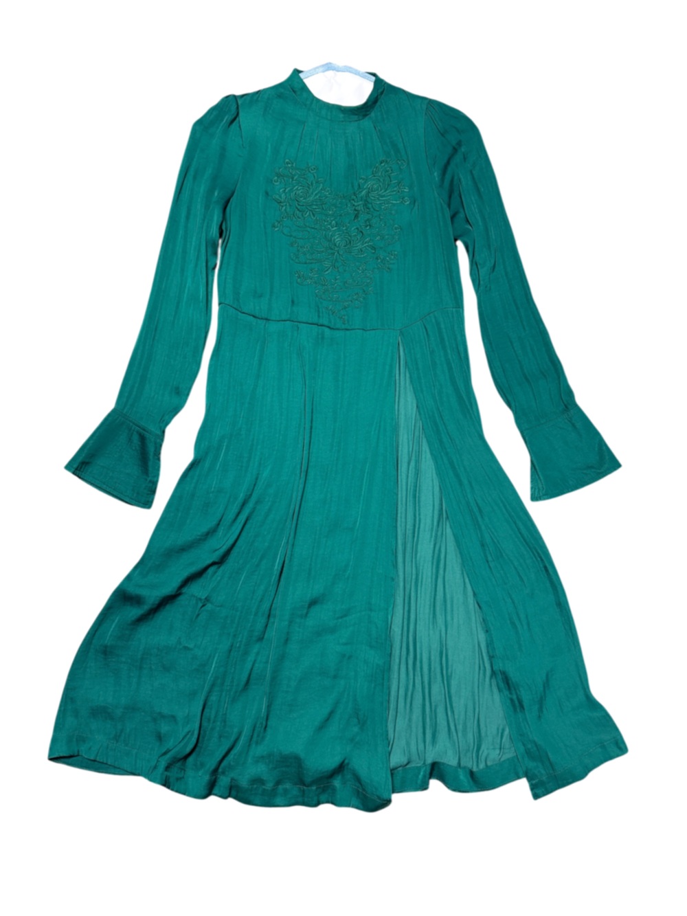 Free People Dress Emerald Green Embroidered Long Sleeve Tunic Front Slit Size S